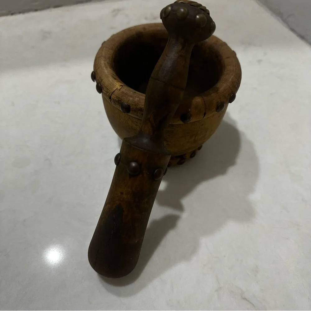 Vintage 60’s Spanish Medieval Style Wooden Metal Mortar And Pestle Set